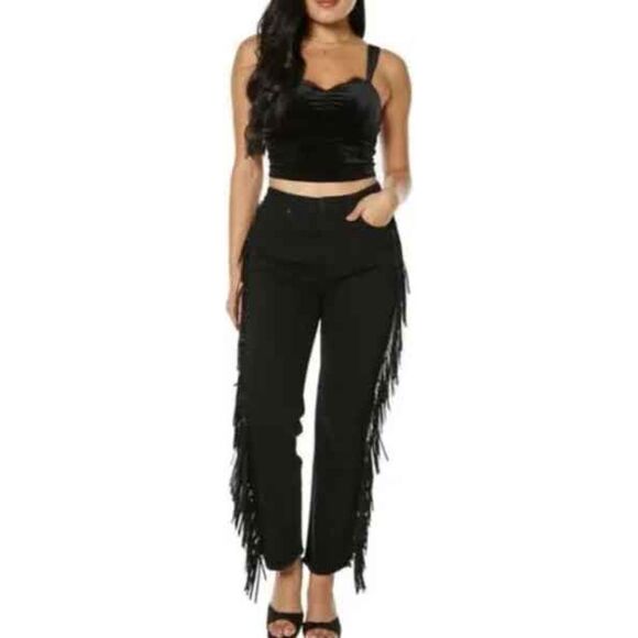 NWT Juicy Couture "Venice " Black w/Side Metallic Fringe Straight Leg Jeans sz32 - Picture 1 of 10